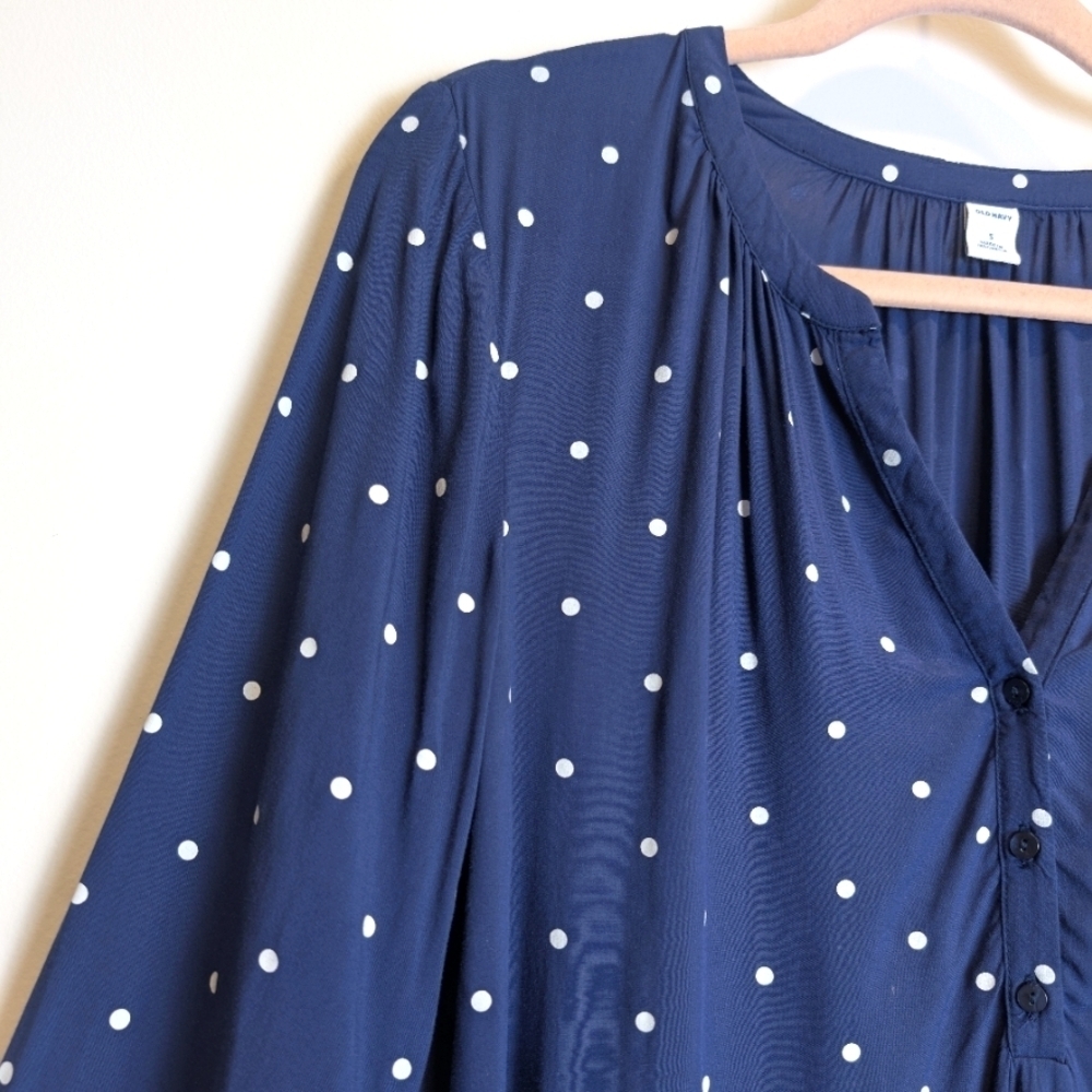 Navy Blue And White Polka Dot Long Sleeve Shirt Size Small - Picture 3 of 7